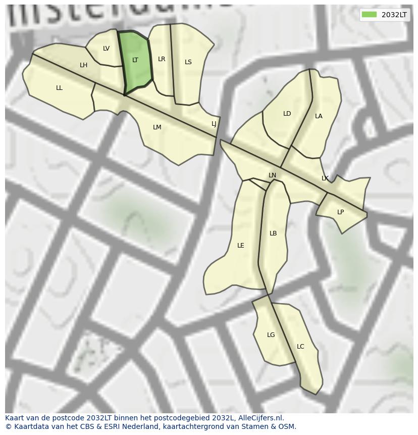 Afbeelding van het postcodegebied 2032 LT op de kaart.