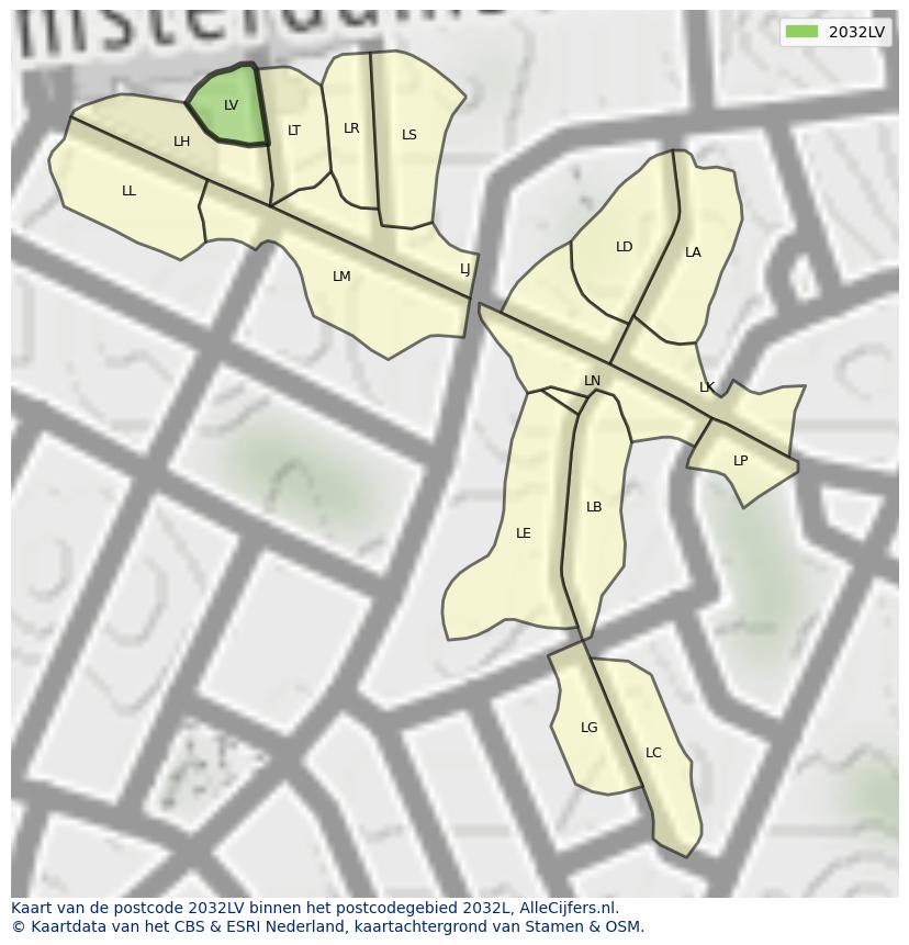 Afbeelding van het postcodegebied 2032 LV op de kaart.