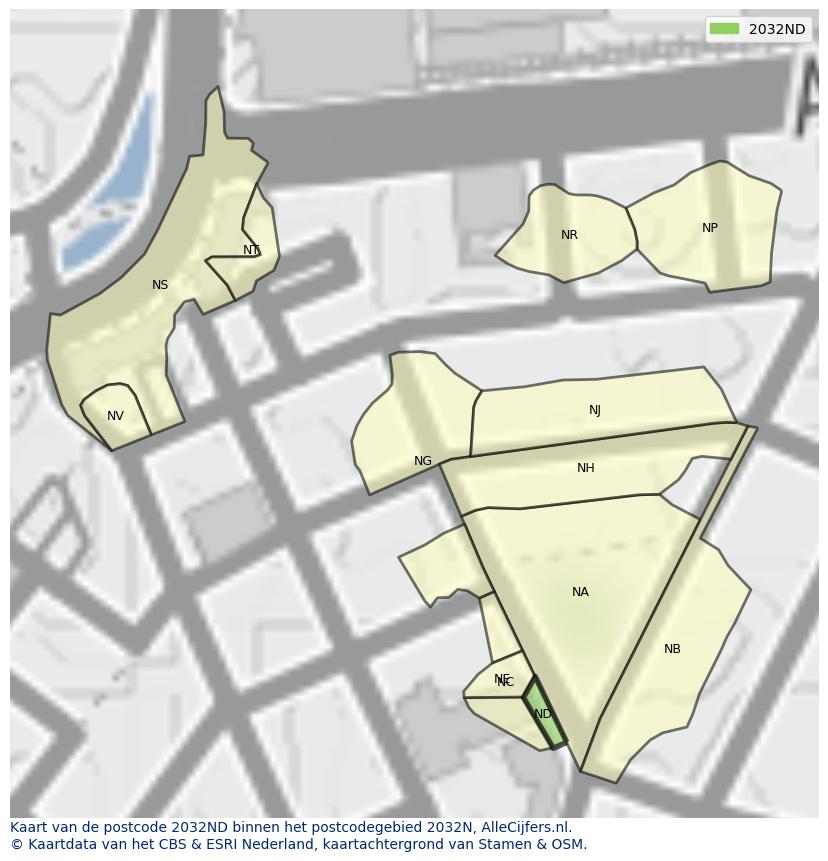 Afbeelding van het postcodegebied 2032 ND op de kaart.