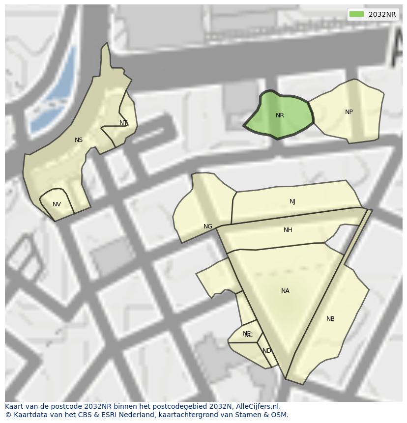 Afbeelding van het postcodegebied 2032 NR op de kaart.