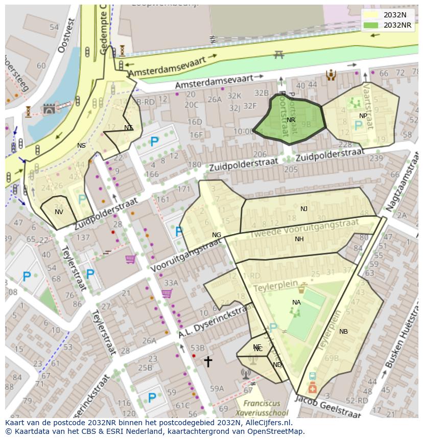 Afbeelding van het postcodegebied 2032 NR op de kaart.