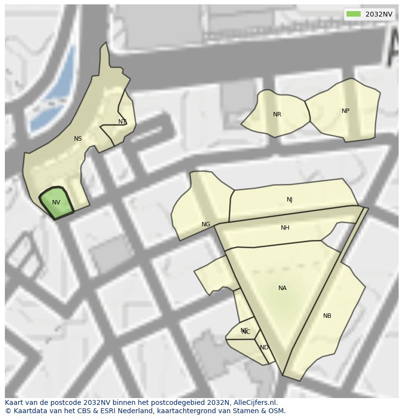 Afbeelding van het postcodegebied 2032 NV op de kaart.