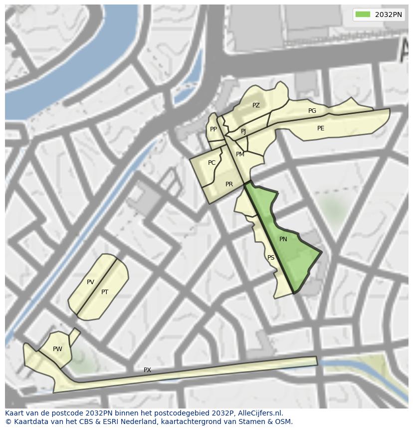 Afbeelding van het postcodegebied 2032 PN op de kaart.