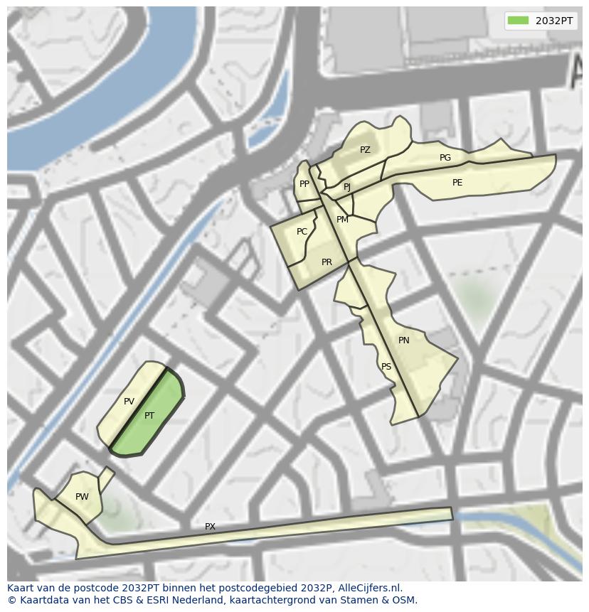 Afbeelding van het postcodegebied 2032 PT op de kaart.