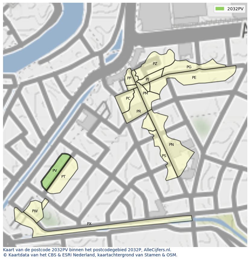 Afbeelding van het postcodegebied 2032 PV op de kaart.