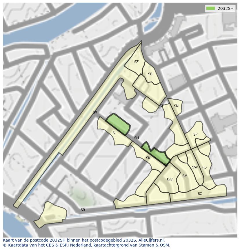Afbeelding van het postcodegebied 2032 SH op de kaart.