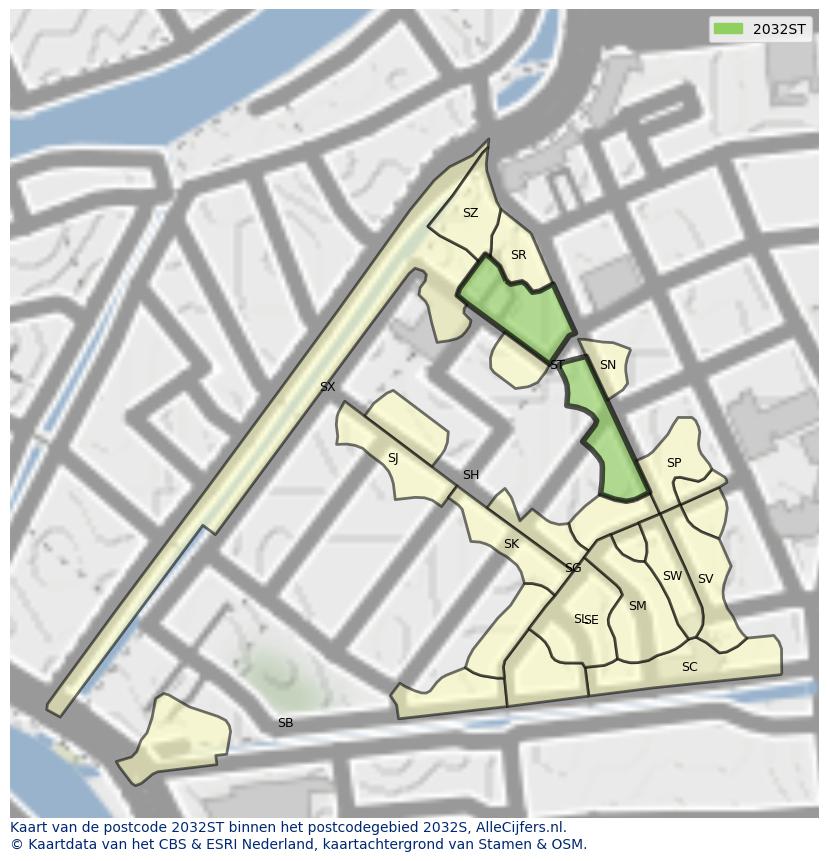 Afbeelding van het postcodegebied 2032 ST op de kaart.