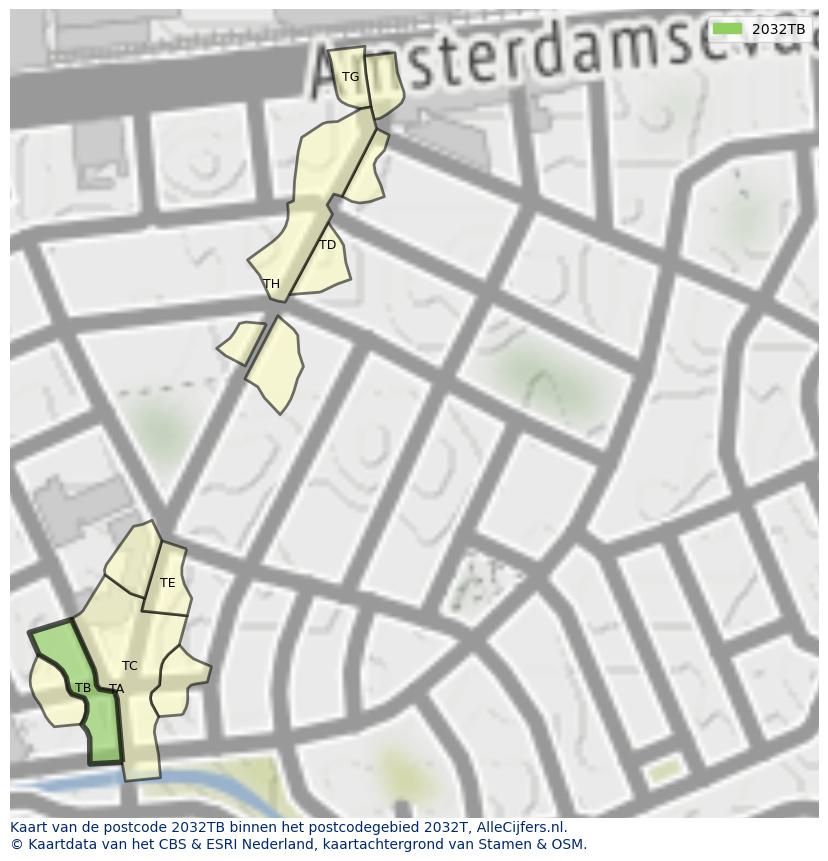 Afbeelding van het postcodegebied 2032 TB op de kaart.