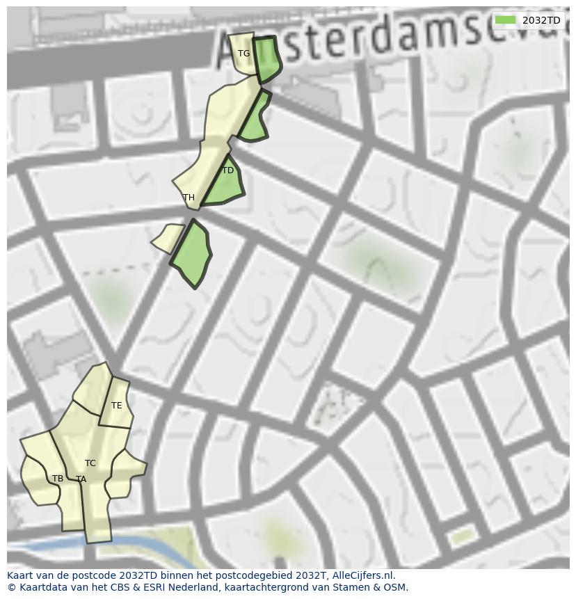 Afbeelding van het postcodegebied 2032 TD op de kaart.