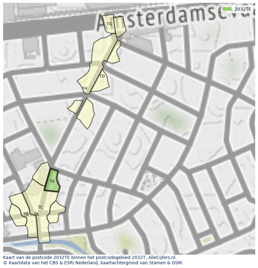 Afbeelding van het postcodegebied 2032 TE op de kaart.