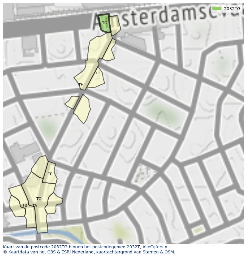Afbeelding van het postcodegebied 2032 TG op de kaart.