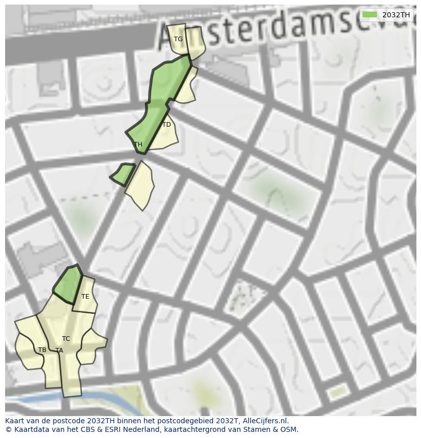 Afbeelding van het postcodegebied 2032 TH op de kaart.