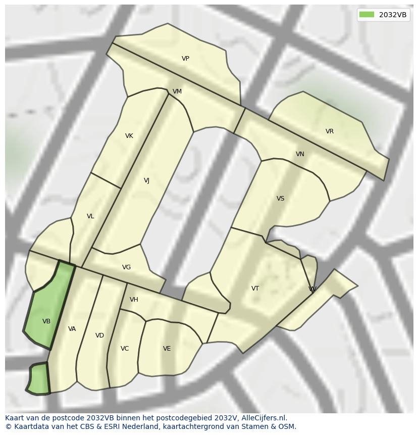 Afbeelding van het postcodegebied 2032 VB op de kaart.