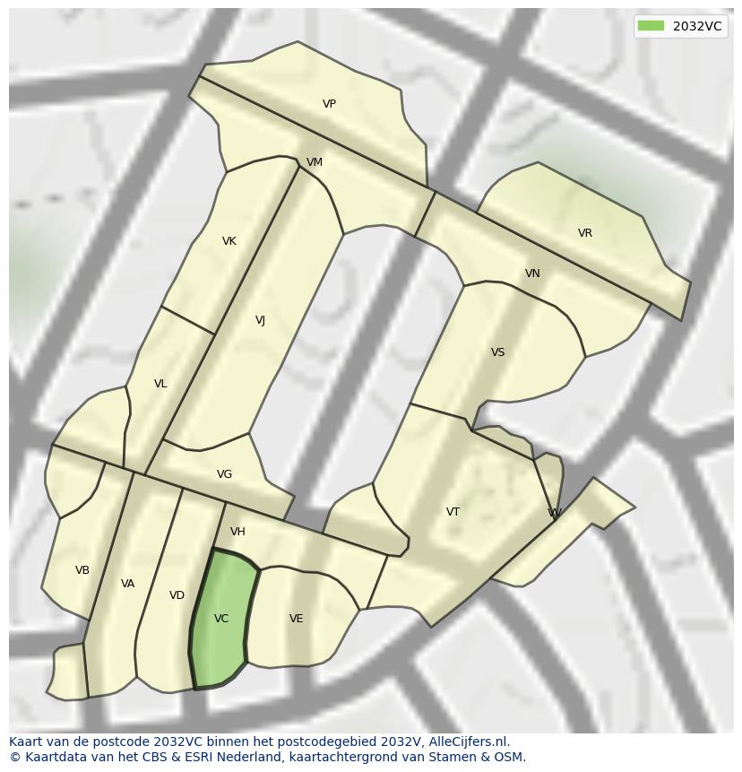 Afbeelding van het postcodegebied 2032 VC op de kaart.