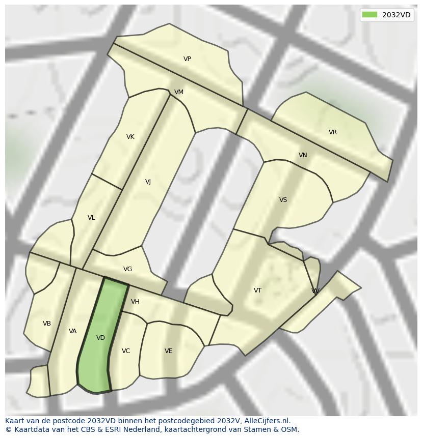 Afbeelding van het postcodegebied 2032 VD op de kaart.