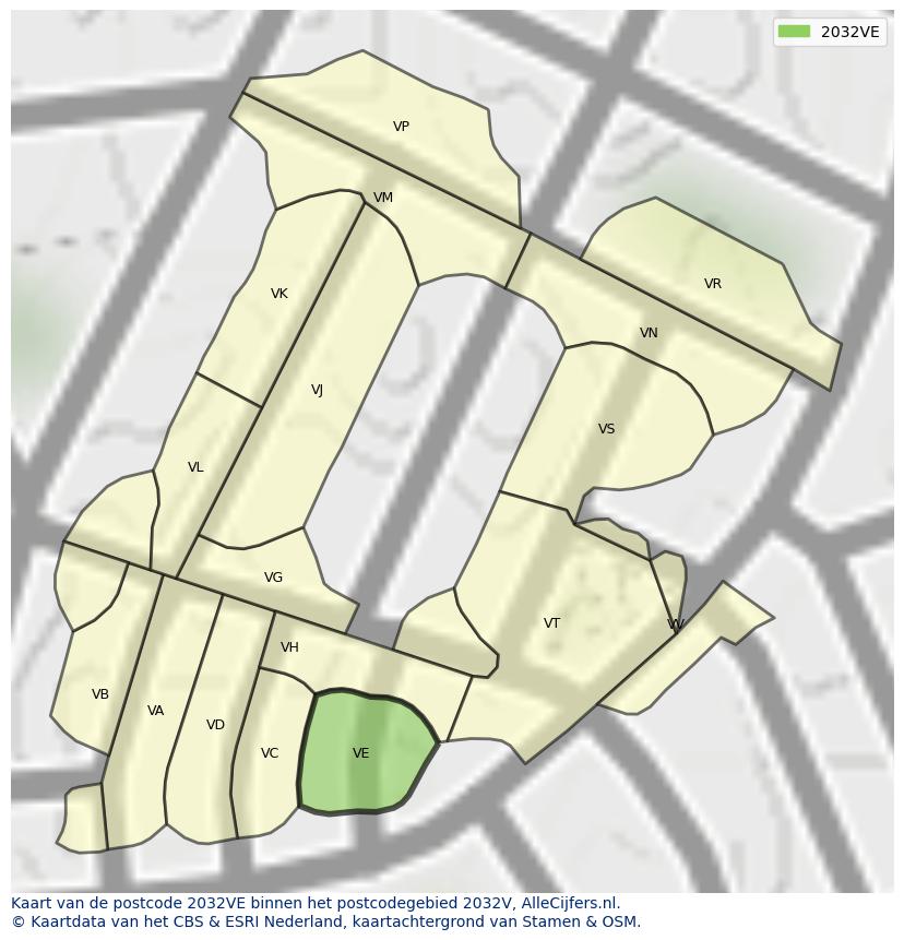 Afbeelding van het postcodegebied 2032 VE op de kaart.
