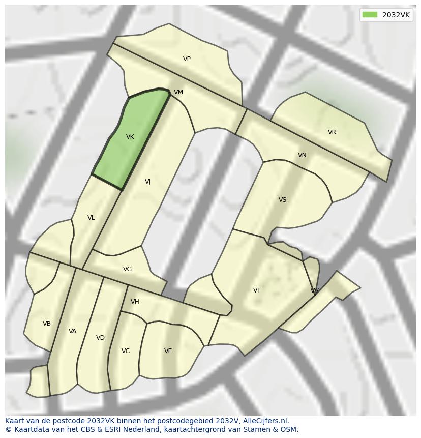 Afbeelding van het postcodegebied 2032 VK op de kaart.