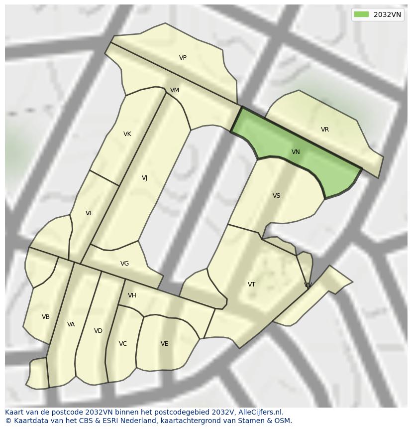 Afbeelding van het postcodegebied 2032 VN op de kaart.