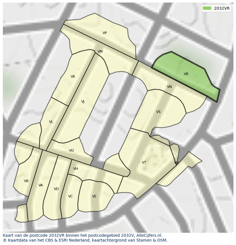 Afbeelding van het postcodegebied 2032 VR op de kaart.