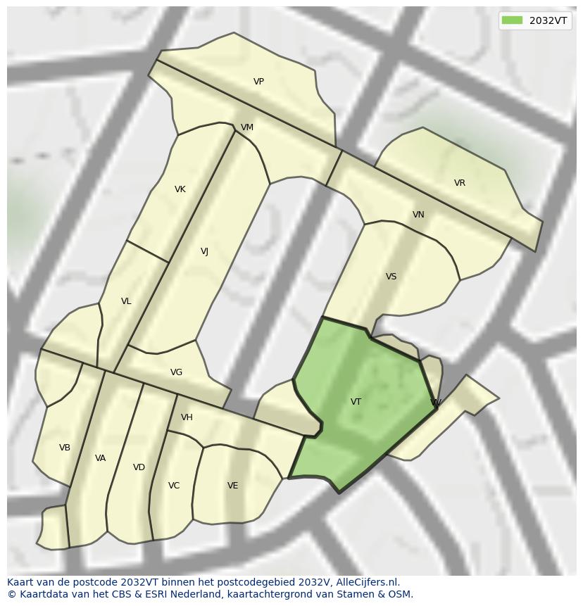 Afbeelding van het postcodegebied 2032 VT op de kaart.