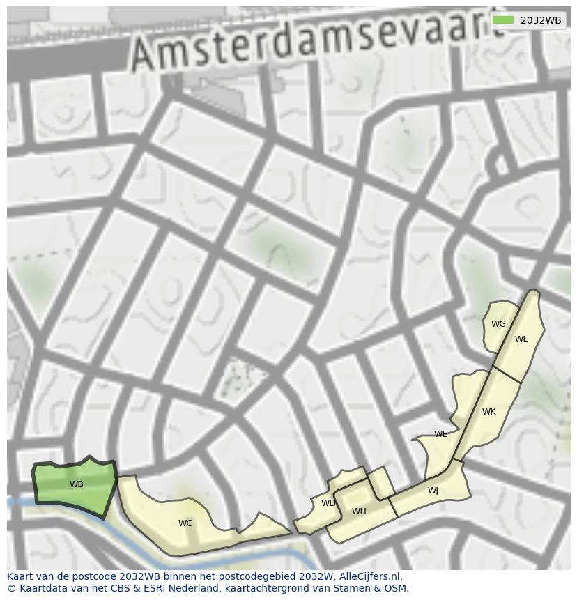 Afbeelding van het postcodegebied 2032 WB op de kaart.