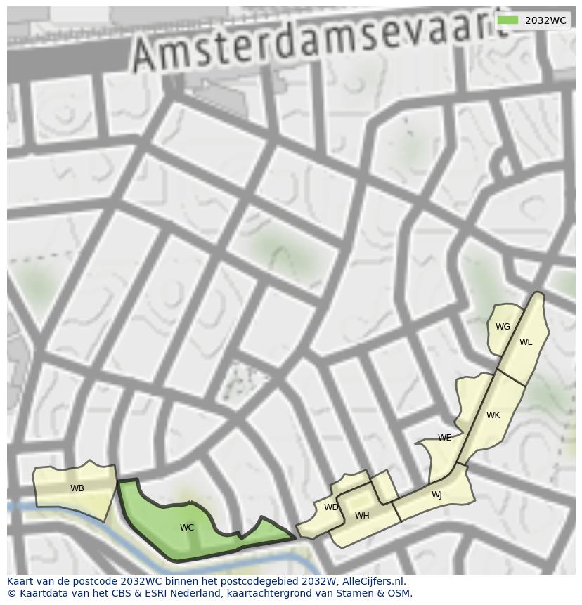 Afbeelding van het postcodegebied 2032 WC op de kaart.