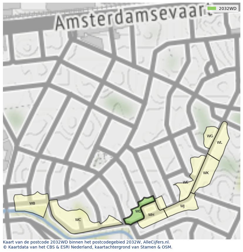Afbeelding van het postcodegebied 2032 WD op de kaart.