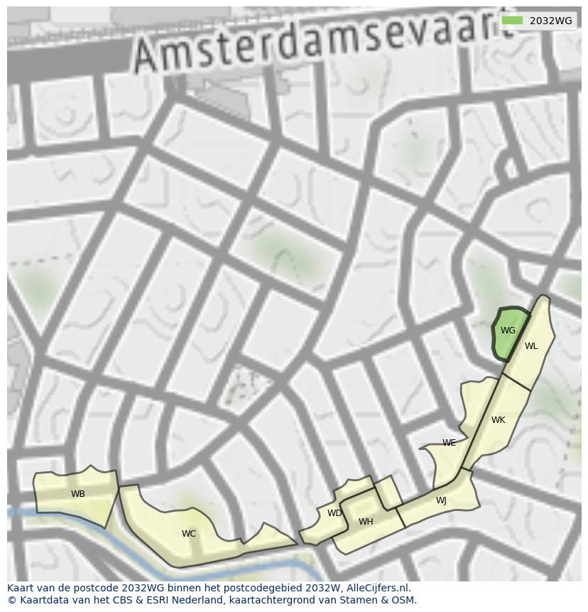 Afbeelding van het postcodegebied 2032 WG op de kaart.