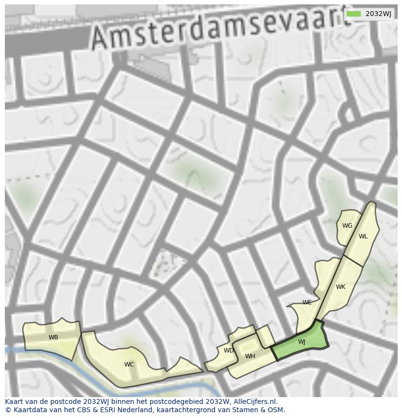 Afbeelding van het postcodegebied 2032 WJ op de kaart.
