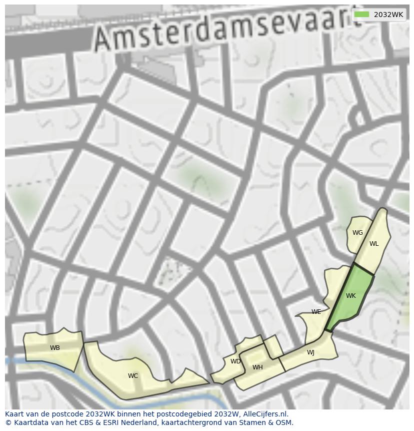 Afbeelding van het postcodegebied 2032 WK op de kaart.