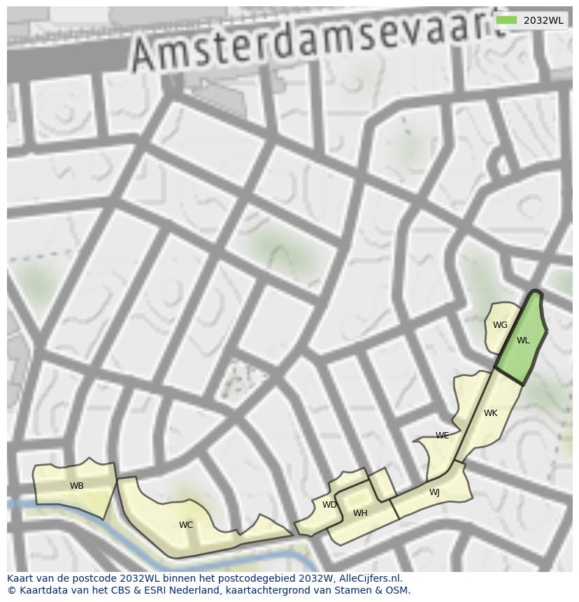 Afbeelding van het postcodegebied 2032 WL op de kaart.