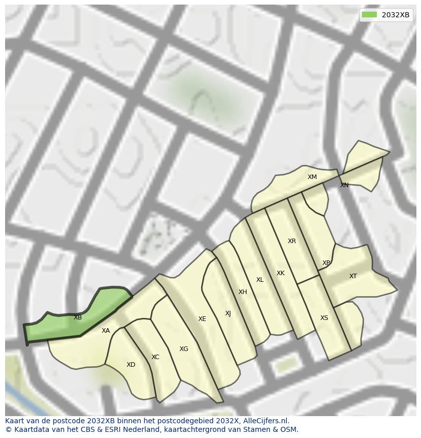 Afbeelding van het postcodegebied 2032 XB op de kaart.