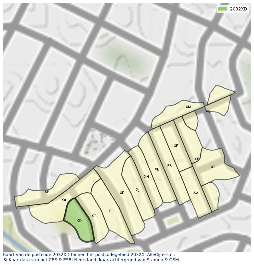 Afbeelding van het postcodegebied 2032 XD op de kaart.