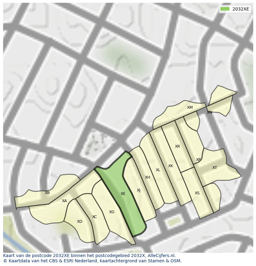 Afbeelding van het postcodegebied 2032 XE op de kaart.