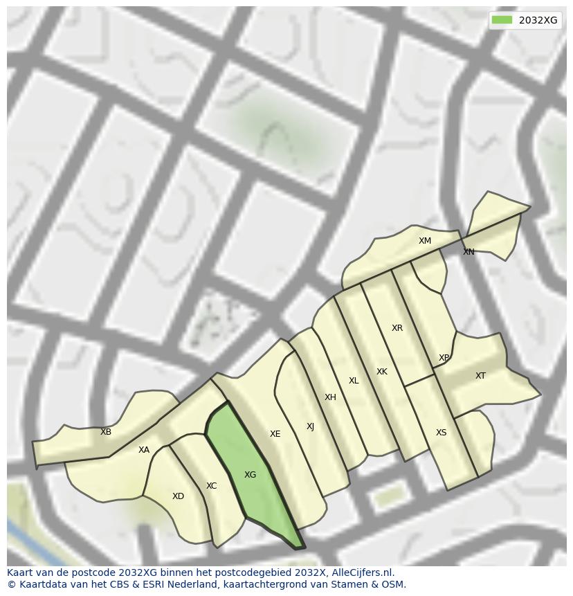 Afbeelding van het postcodegebied 2032 XG op de kaart.