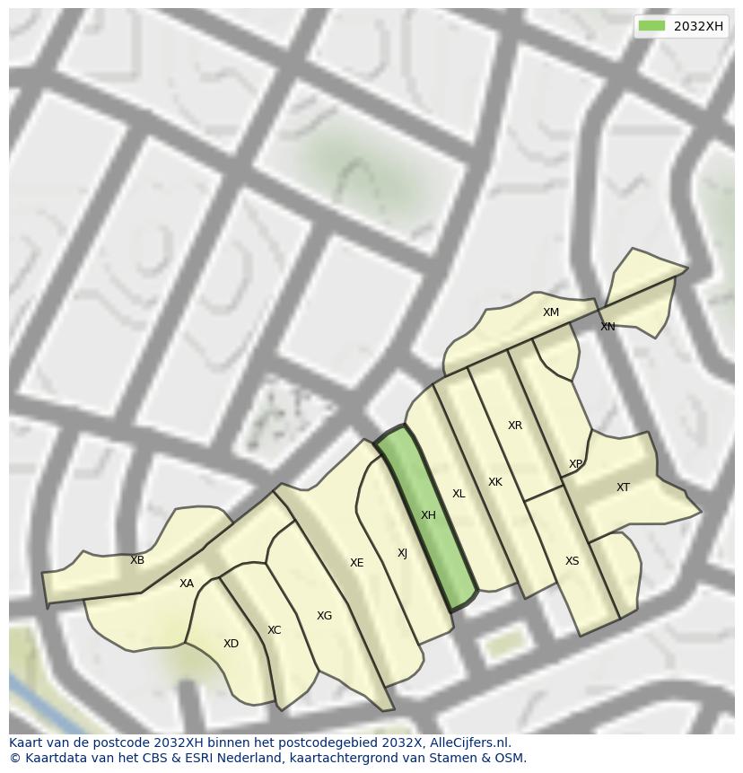 Afbeelding van het postcodegebied 2032 XH op de kaart.