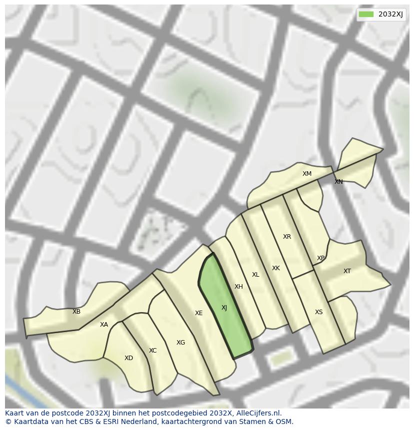 Afbeelding van het postcodegebied 2032 XJ op de kaart.