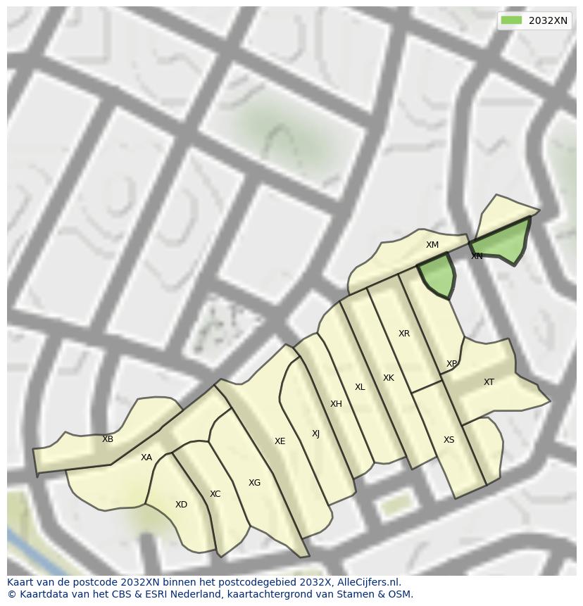 Afbeelding van het postcodegebied 2032 XN op de kaart.