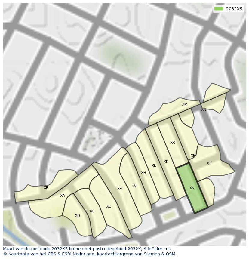 Afbeelding van het postcodegebied 2032 XS op de kaart.