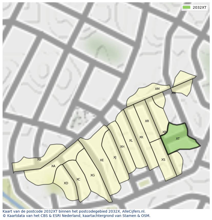 Afbeelding van het postcodegebied 2032 XT op de kaart.