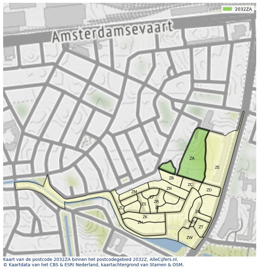 Afbeelding van het postcodegebied 2032 ZA op de kaart.