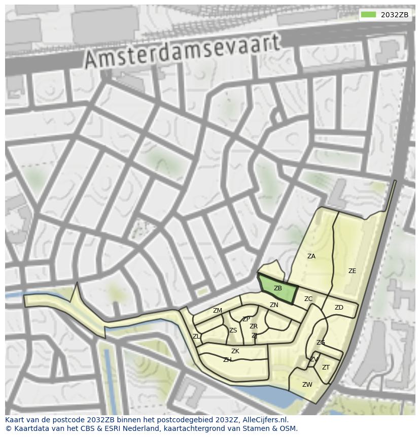 Afbeelding van het postcodegebied 2032 ZB op de kaart.