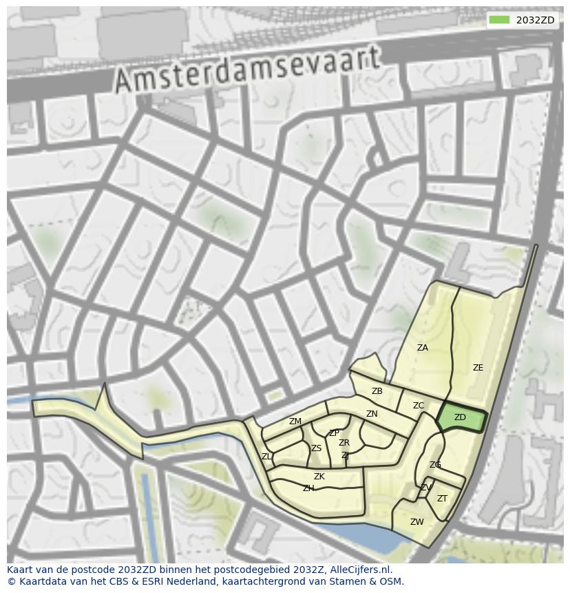 Afbeelding van het postcodegebied 2032 ZD op de kaart.