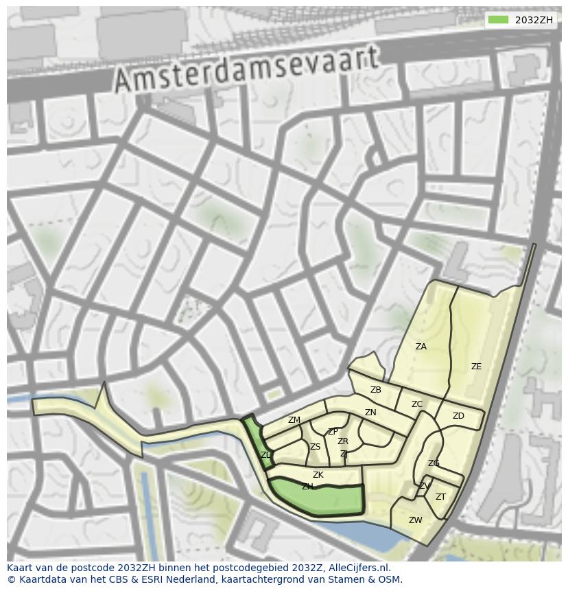 Afbeelding van het postcodegebied 2032 ZH op de kaart.