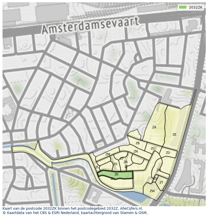 Afbeelding van het postcodegebied 2032 ZK op de kaart.
