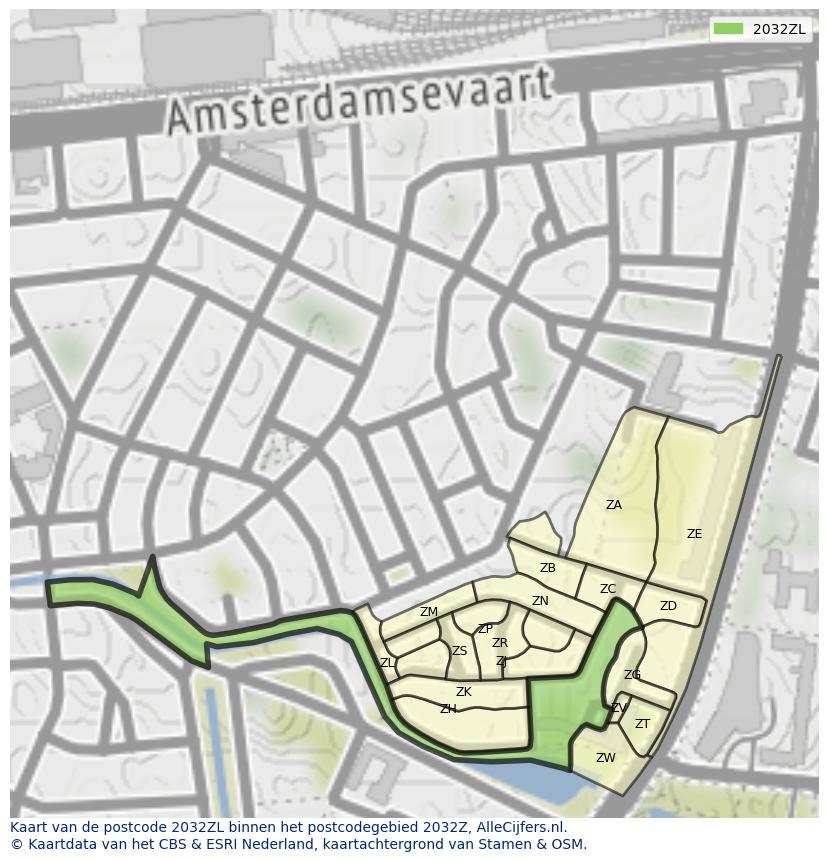 Afbeelding van het postcodegebied 2032 ZL op de kaart.