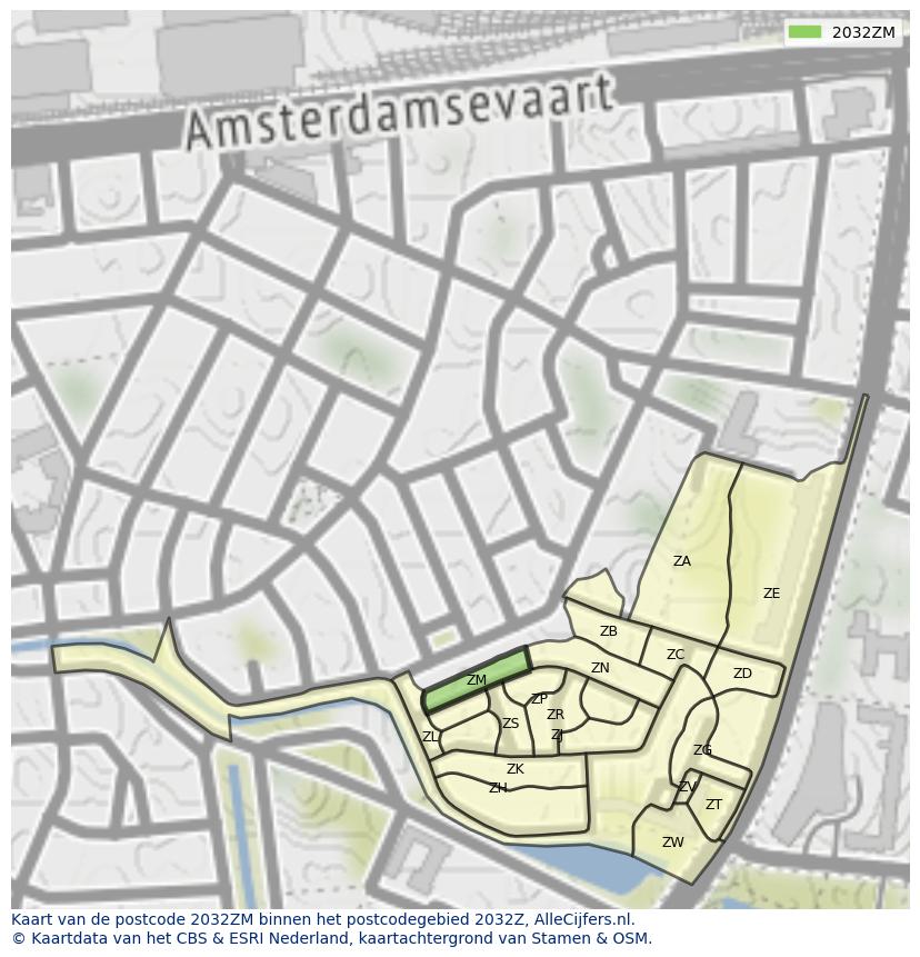 Afbeelding van het postcodegebied 2032 ZM op de kaart.