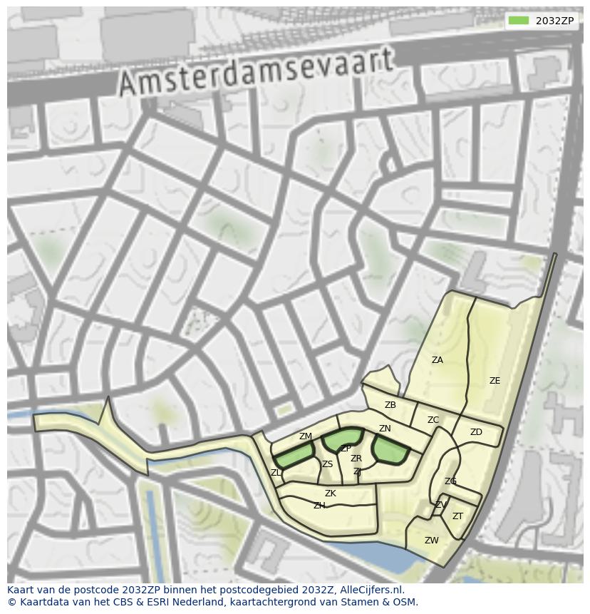 Afbeelding van het postcodegebied 2032 ZP op de kaart.