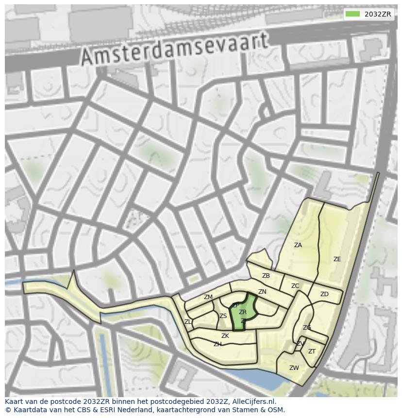 Afbeelding van het postcodegebied 2032 ZR op de kaart.