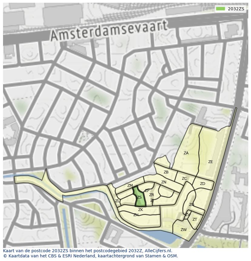 Afbeelding van het postcodegebied 2032 ZS op de kaart.